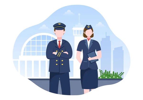 Pilot Cartoon Vector Illustratie Met Vliegtuig Air Hostess Stad Luchthaven — Stockvector