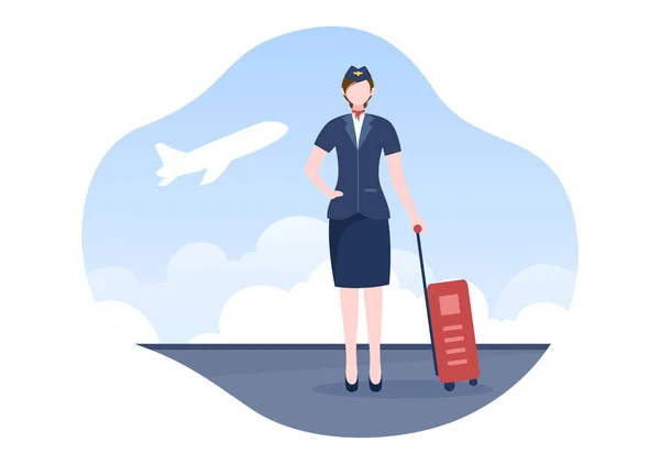 Stewardess Vagy Air Hostess Kék Egyenruhával Hordozzon Bőröndöt Repülőtéren Rajzfilm — Stock Vector