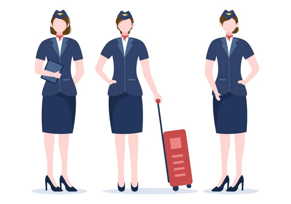 Stewardess Air Hostess Blue Uniform Carry Suitcase Airport Cartoon Vector — Vector de stock