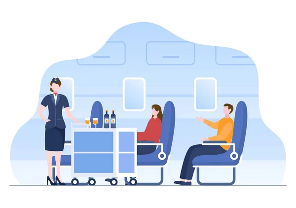 Flight Attendants Serve Passengers Offering Drinks Board Cartoon Vector Illustration — Vector de stock