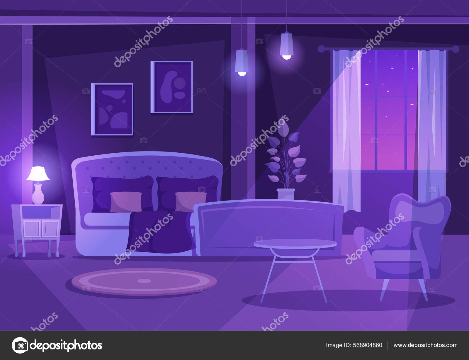 Night Cozy Bedroom Interior Furniture Bed Wardrobe Bedside Table Vase Stock Vector by