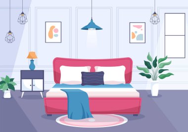 Cozy Bedroom Interior with Furniture Like Bed, Wardrobe, Bedside Table, Vase, Chandelier in Modern Style in Cartoon Vector Illustration
