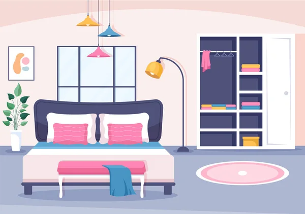 ベッド ワードローブ ベッドサイドテーブル 漫画ベクトルイラストのモダンなスタイルでシャンデリアのような家具と居心地の良いベッドルームのインテリア — ストックベクタ