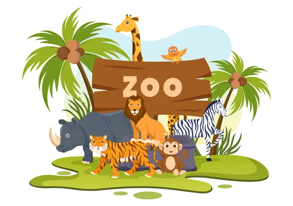 Zoo Cartoon Illustration Safari Animals Elephant Giraffe Lion Monkey Panda — Stockový vektor