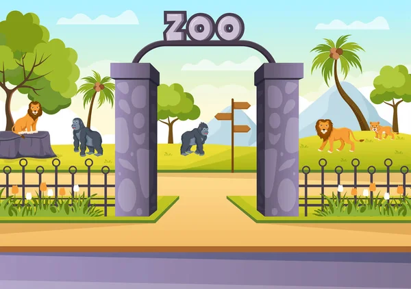 Zoo Cartoon Illustration Safari Animals Elephant Giraffe Lion Monkey Panda — Stock Vector