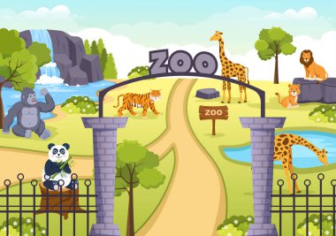 Safari Hayvanlar Fili, Zürafa, Aslan, Maymun, Panda, Zebra ve Orman Arkaplanı Ziyaretçileri ile Hayvanat Bahçesi Çizgi Filmleri