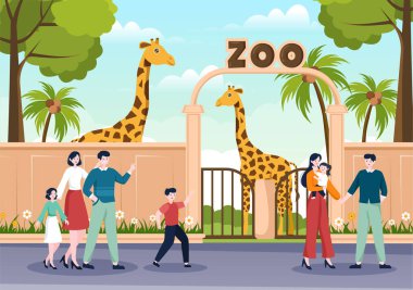 Safari Hayvanat Bahçesi Zürafası, Kafes ve Orman Arkaplanı Tasarımı Bölgesindeki Ziyaretçilerin Çizgi Filmleri