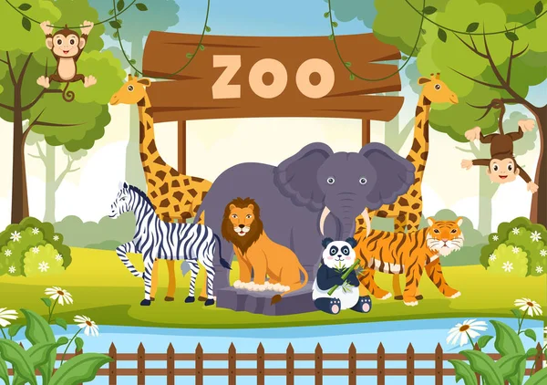 Zoo Cartoon Illustration Safari Animals Elephant Giraffe Lion Monkey Panda — Stock Vector
