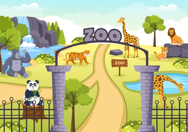 Zoo Cartoon Ilustracja Safari Zwierząt Słoń Żyrafa Lew Monkey Panda — Wektor stockowy