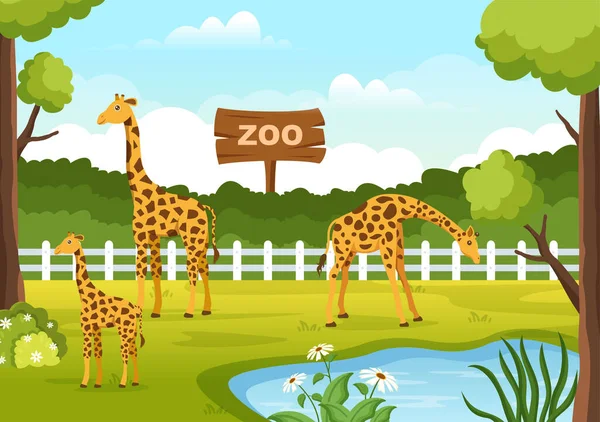 Zoo Cartoon Illustration Safari Animals Giraffe Cage Visitors Territory Forest — Stock Vector