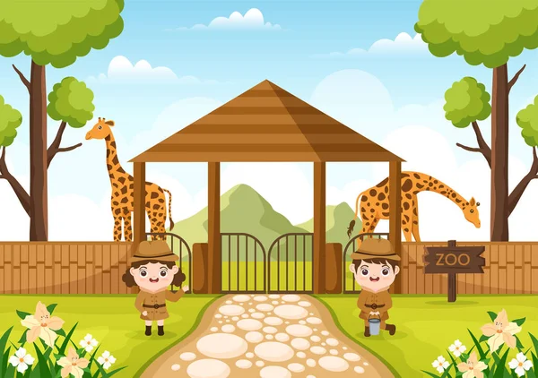 Zoo Cartoon Illustration Safari Animals Giraffe Cage Visitors Territory Forest — Stock Vector