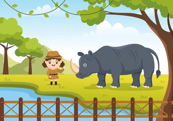 Zoo Cartoon Illustration Safari Animals Rhinoceros Cage Visitors Territory Forest — Stock Vector