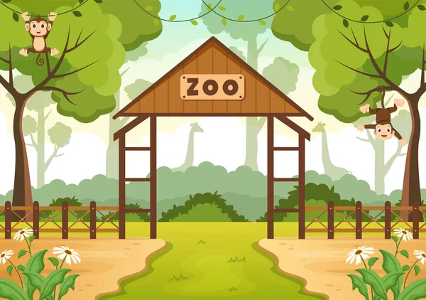 Zoo Cartoon Illustration Safari Animals Monkey Cage Visitors Territory Forest — Stock Vector