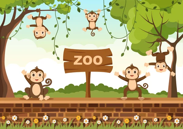 Zoo Cartoon Illustration Safari Animals Monkey Cage Visitors Territory Forest — Stock Vector