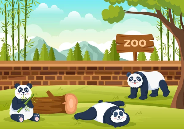 Zoo Cartoon Illustration Safari Animals Panda Cage Visitors Territory Forest — Stock Vector