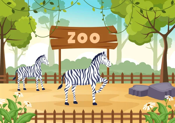 Zoo Cartoon Illustration Safari Animals Zebra Cage Visitors Territory Forest — Stock Vector