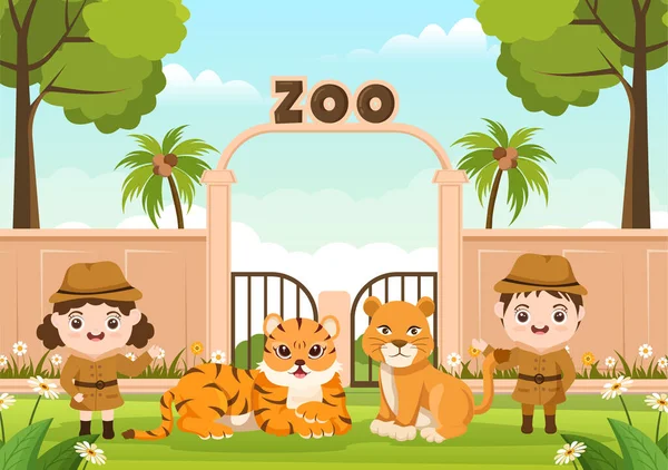 Zoo Cartoon Illustration Safari Animals Lion Tiger Cage Visitors Territory — Stock Vector