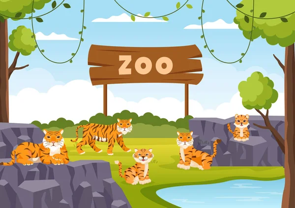 Zoo Cartoon Illustration Safari Animals Lion Tiger Cage Visitors Territory — Stockový vektor