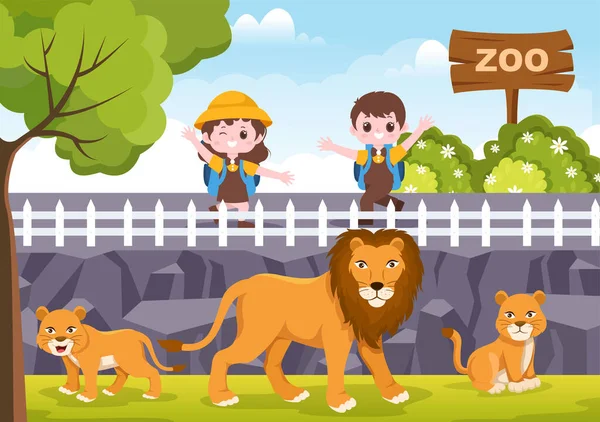 Zoo Cartoon Illustration Safari Animals Lion Tiger Cage Visitors Territory — Stock Vector