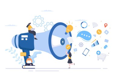 Mobil Sosyal Medya, Kampanya, İş Tanıtımı, Marka ve Dijital Çizgi Film Biçiminde Reklamcılık veya ADS Vektör İllüstrasyonu