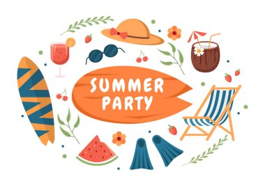 Yaz Partisi Karikatür Arkaplan Çizimi Tropikal Bitkiler, Poster veya Tebrik Kartı Tasarımı İçin Plajda Ekipman