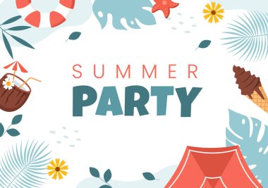 Yaz Partisi Karikatür Arkaplan Çizimi Tropikal Bitkiler, Poster veya Tebrik Kartı Tasarımı İçin Plajda Ekipman