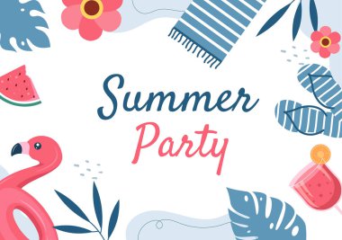 Yaz Partisi Karikatür Arkaplan Çizimi Tropikal Bitkiler, Poster veya Tebrik Kartı Tasarımı İçin Plajda Ekipman
