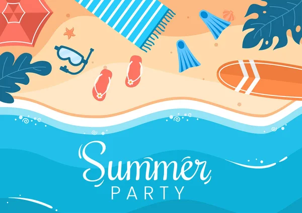 夏季派对漫画背景图片说明热带植物 海滩上的张贴或贺卡设计设备 — 图库矢量图片