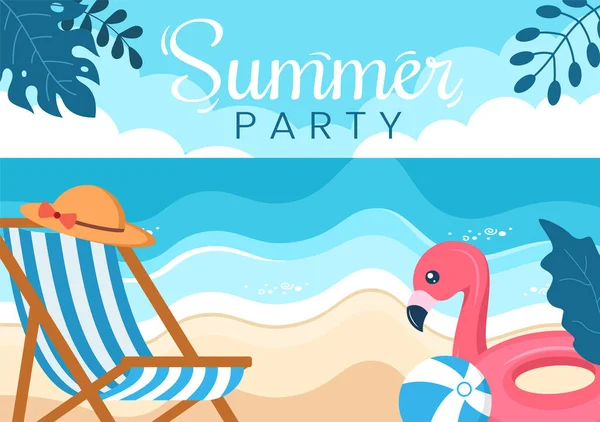 熱帯植物と夏のパーティー漫画の背景イラスト ポスターやグリーティングカードのデザインのためのビーチの機器 — ストックベクタ