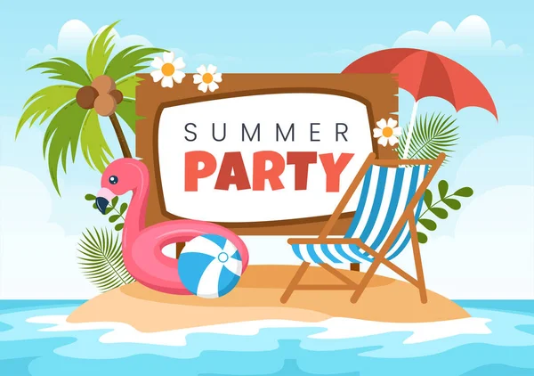 夏季派对漫画背景图片说明热带植物 海滩上的张贴或贺卡设计设备 — 图库矢量图片