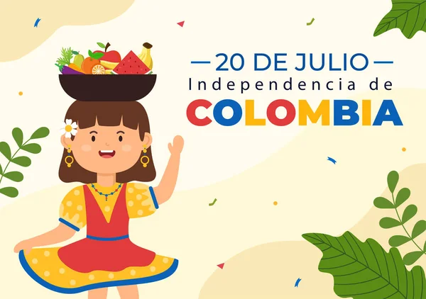 Julio Independencia Colombia Ilustración Dibujos Animados Con Banderas Globos Niños — Vector de stock