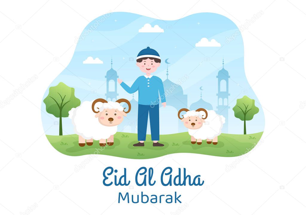 Eid al Adha Background Cartoon Illustration for the Celebration of Muslim with Slaughtering an Animal as a Cow, Goat or Camel and share it