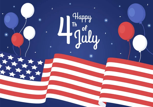 7月4日美国独立日美国假日卡通画与国旗 气球或节日烟火海报或背景模板 — 图库矢量图片