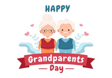 Yaşlı Çiftle Mutlu Büyükbabalar Günü Çizgi Filmleri, Çiçek Dekorasyonu, Poster ve Tebrik Kartı Tarzı 'ndaki Büyükbaba ve Büyükannem