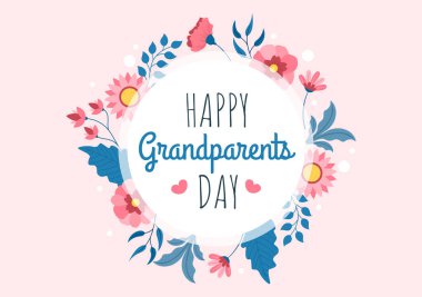 Flat Style for Poster ya da Tebrik kartı Arkaplanı ile Çiçek Dekorasyonu ve Kaligrafi ile Mutlu Büyükanne ve Büyükbabalar Günü Çizgi Filmleri