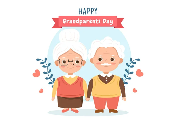 Happy Grandparents Day Cute Cartoon Illustration Older Couple Flower Decoration - Stok Vektor