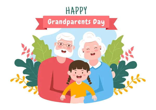 Happy Grandparents Day Cute Cartoon Illustration Grandchild Eldre Par Blomsterdekorasjon – stockvektor