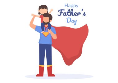 Babalar Günü 'nde Babalar Günü' nde Poster ya da Tebrik Kartı İçin Düz Tasarım Süper Kahraman Kostümü Giyen Baba 'nın Resmi Çizgi Filmi