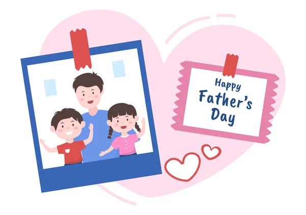 ポスターやグリーティングカードのためのフラットスタイルのデザインで父と息子の写真と幸せな父の日漫画のイラスト — ストックベクタ