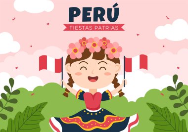 Felices Fiestas Patrias veya Peru Bağımsızlık Günü Ulusal Bayram Peru Kutlaması için Bayrak ve Sevimli İnsanlarla Çizgi Film Çizimi 28 Temmuz 'da Düz Tarzda