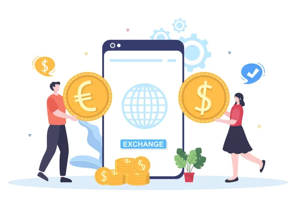 World Currency Exchange Services Cartoon Illustration Online Economy Applications Cryptography — 스톡 벡터