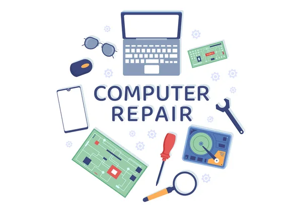 Pc上のデータ復旧センターとクラッシュのためのツール修理工電子とコンピュータの修理やサービスフラット漫画イラスト — ストックベクタ