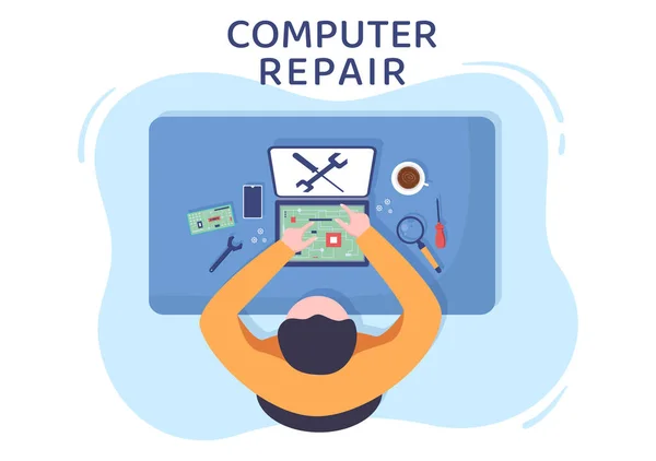 Computer Repair Service Flat Cartoon Illustration Tools Repairman Electronics Data — Stock Vector