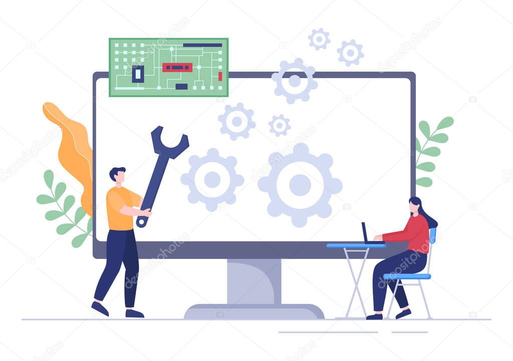 Computer Repair or Service Flat Cartoon Illustration with Tools Repairman Electronics for for Data Recovery Center and Crash on PC
