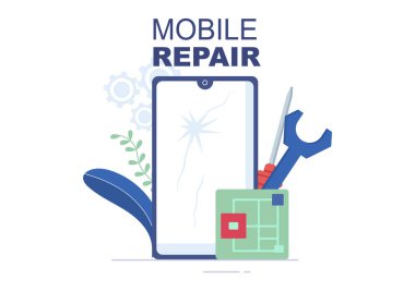 Düz Çizgi Film Çiziminde Bozuk Ekran ve Makine Arızalı Bir Telefonun Mobil Tamiri veya Akıllı Telefon Elektronik Servisi