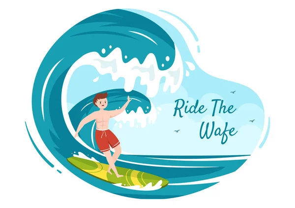 Sommar Surfing Vatten Sport Aktiviteter Tecknad Illustration Med Ridning Ocean — Stock vektor