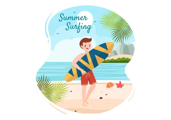 Summer Surfing Water Sport Activities Cartoon Illustration Riding Ocean Wave — стоковий вектор