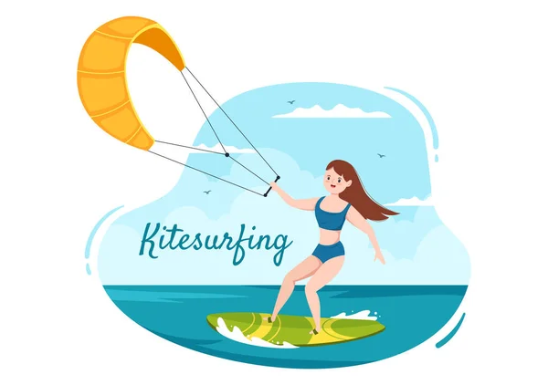 Summer Kitesurfing Water Sport Activities Cartoon Illustration Riding Big Kite — Stock Vector