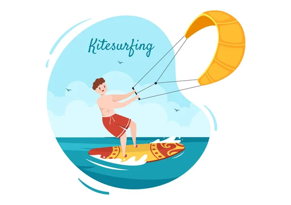 Summer Kitesurfing Water Sport Activities Cartoon Illustration Riding Big Kite — Stock Vector