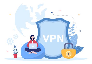 VPN ya da Sanal Özel Ağ Servisi Çizgi Filmi Vektör İllüstrasyonuSmartphone veya Bilgisayarda Kişisel Verilerini Korumak, Siber Güvenliği Sağlama ve Korumak
